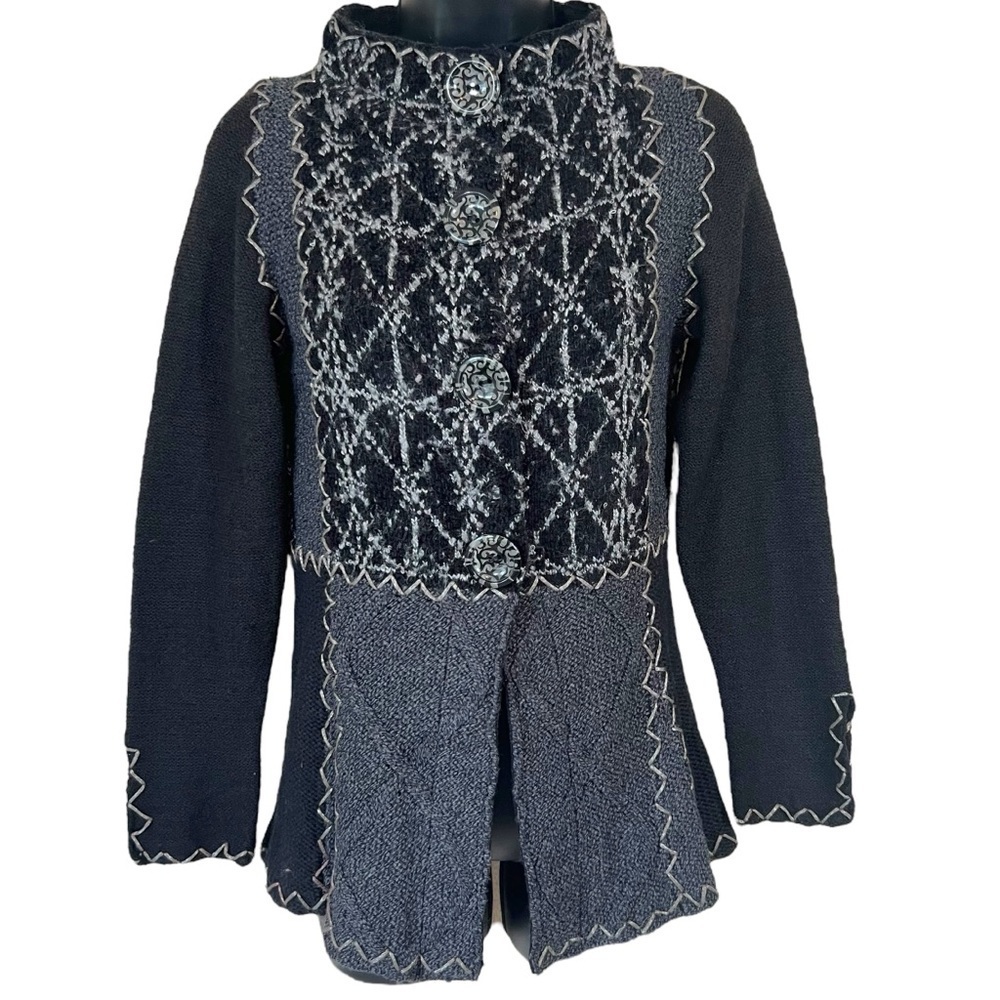 CURIO Hand Knit Snap Front Black Whimsigoth Cardigan Sweater